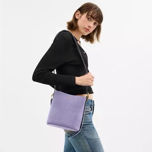Coach Bleecker Bucket Bag 21 & Pouch in Brass/Violet Mist Purple Suede NWT